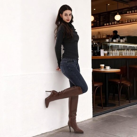 🆕Women's Brown Classic Stilettos Heel Pointed Toe platform Boots High Heel - Picture 8 of 10